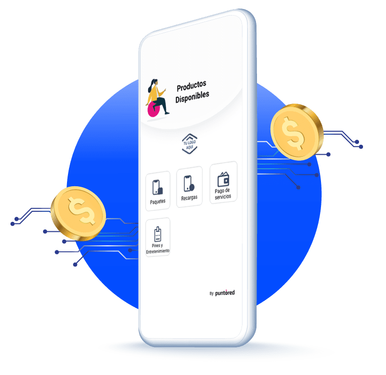 A white cellphone with gold coins and a blue circle.